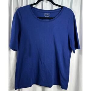 LL BEAN Shirt Women Large Petite Blue Cotton Short Sleeve